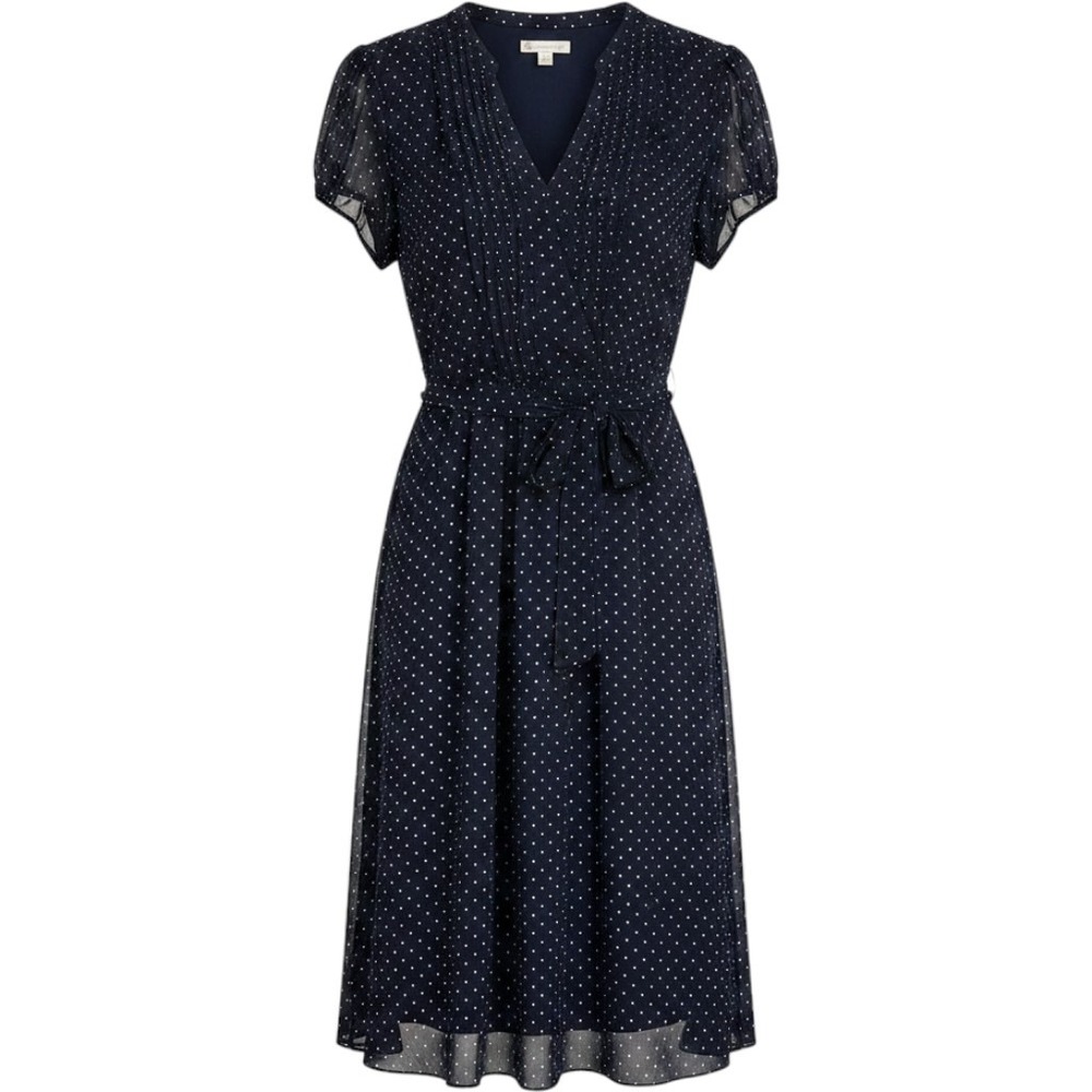 Dressbarn Navy Blue Polka Dot Chiffon Pleated V-Neck Flutter Sleeve Dress 16 NWT